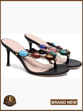 Jeweled Thong Strappy Sandals Kitten Heels Mules Open Toe Mid Heel Wedding Party